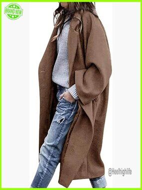 Oversized Wool Blend Pea Coat Notch Lapel Midi Long Winter Trench Coat